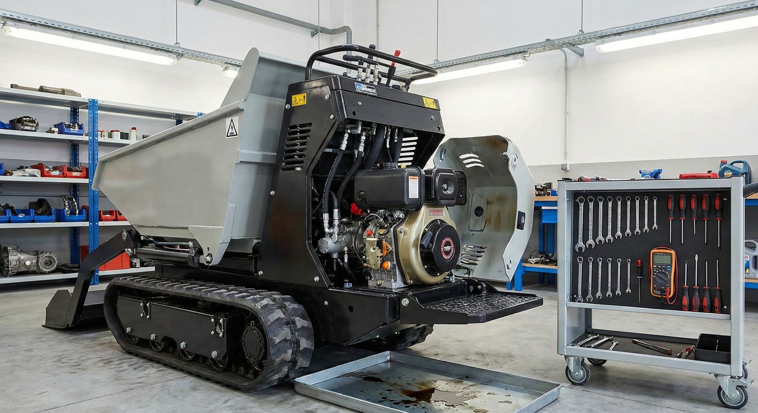Mini-dumper à chenilles en cours d'entretien dans un atelier