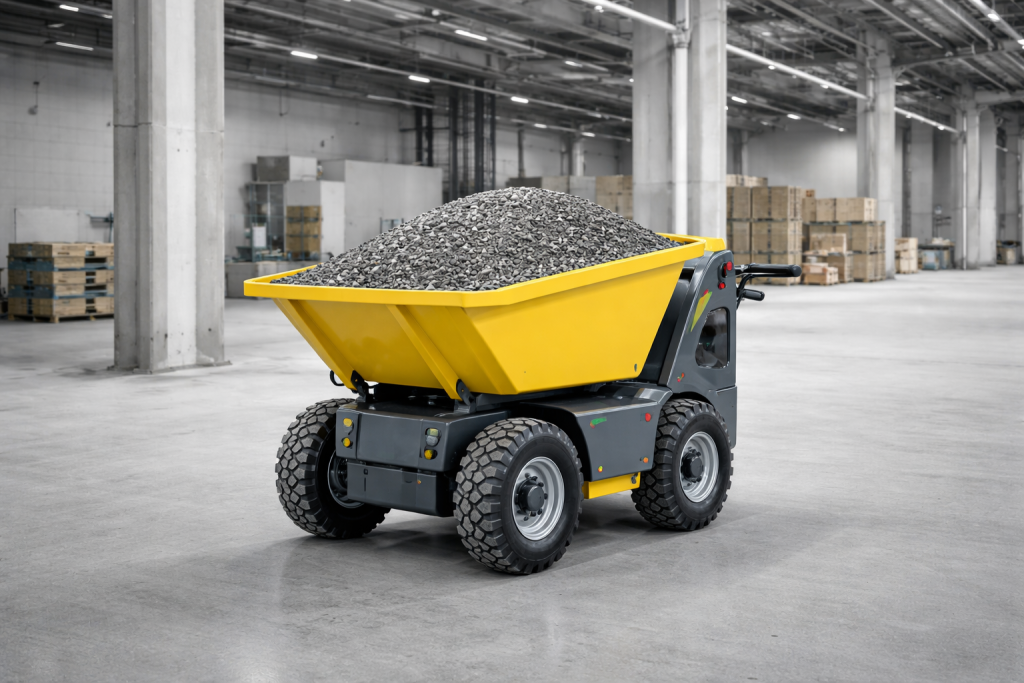 Mini dumper à roues électrique en chantier intérieur