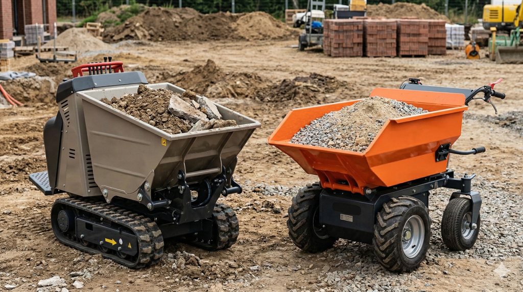 Comparatif mini dumper à chenilles et mini dumper à roues sur chantier